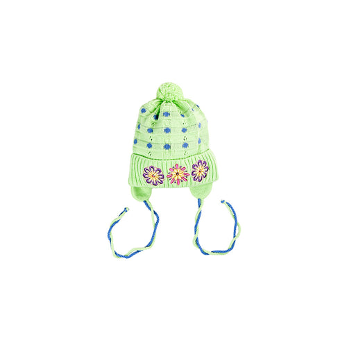 Green baby knitted hat with a flower pattern